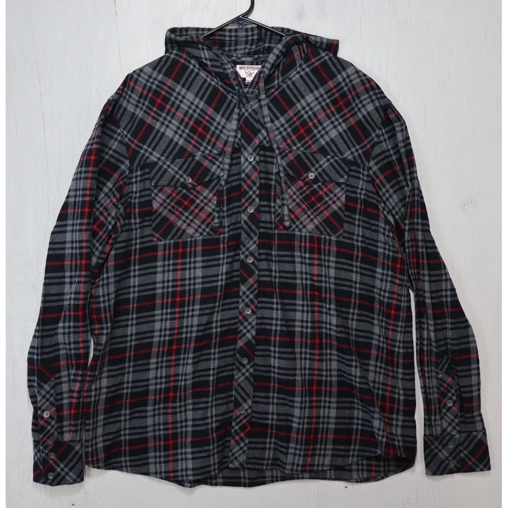 Mens True Religion Button Front Shirt Mens Size 3XL Long Sleeve Hoodie Plaid